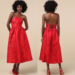 NWT Lulu’s Picturesque Icon Red Jacquard Lace-Up Strapless Midi Dress Large Chic